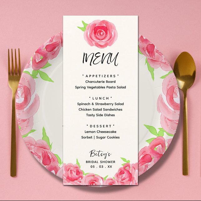 Chic Watercolor Flowers Derby Bridal Shower Menu (Chic watercolor roses floral Derby-themed bridal shower menus (plates sold separately))