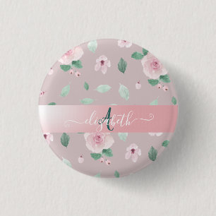 Chic Watercolor Flowers Monogram 3 Cm Round Badge
