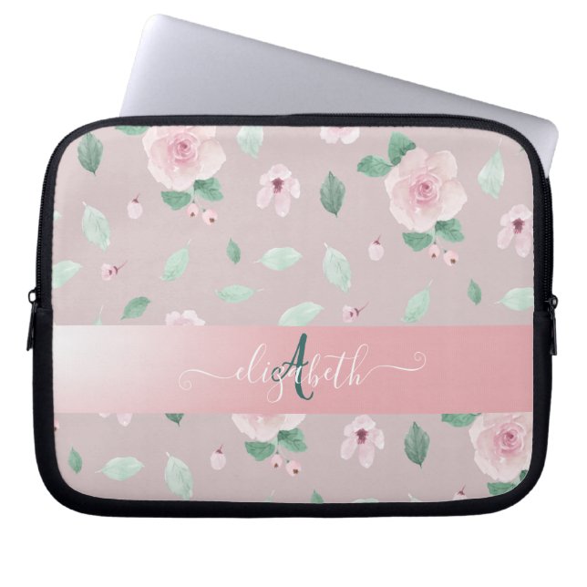 Chic Watercolor Flowers Monogram Laptop Sleeve (Front)