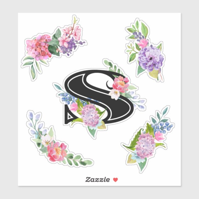 Chic Watercolor Flowers with Letter S (Sheet)