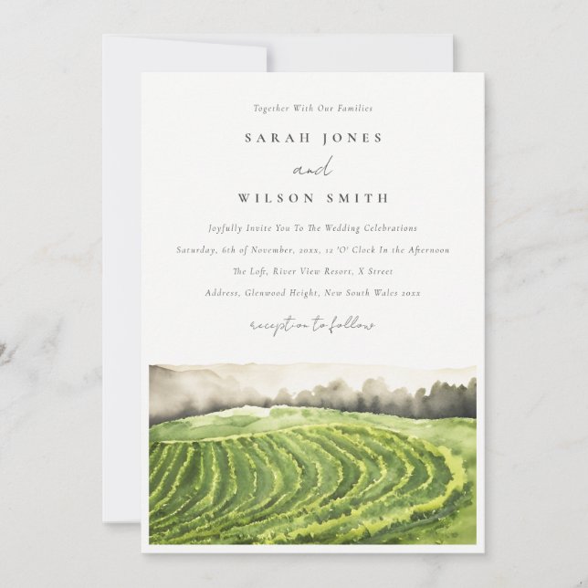 Chic Watercolor Green Winery Vineyard Wedding Invitation (Front)