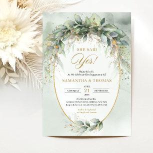 Chic watercolor greenery and gold Engagement Invitation