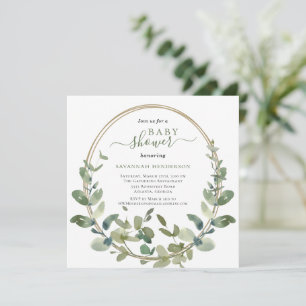 Chic Watercolor Greenery Gold Baby Shower Invitation