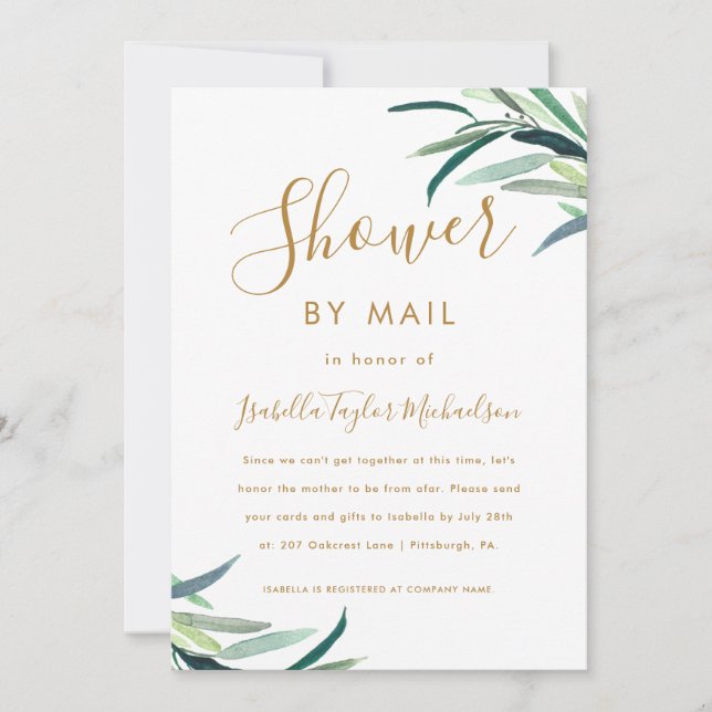 Chic Watercolor Greenery Shower by Mail Invitation (Front)