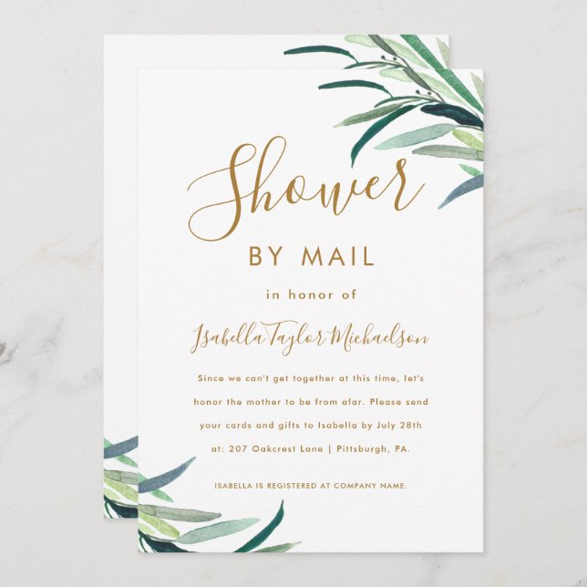 Chic Watercolor Greenery Shower by Mail Invitation (Front/Back)
