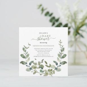 Chic Watercolor Greenery Wreath Baby Shower Invitation