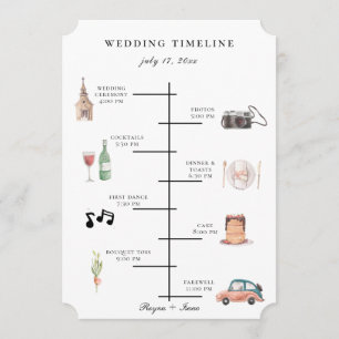 Chic Watercolor Illustrated Wedding Timeline Program