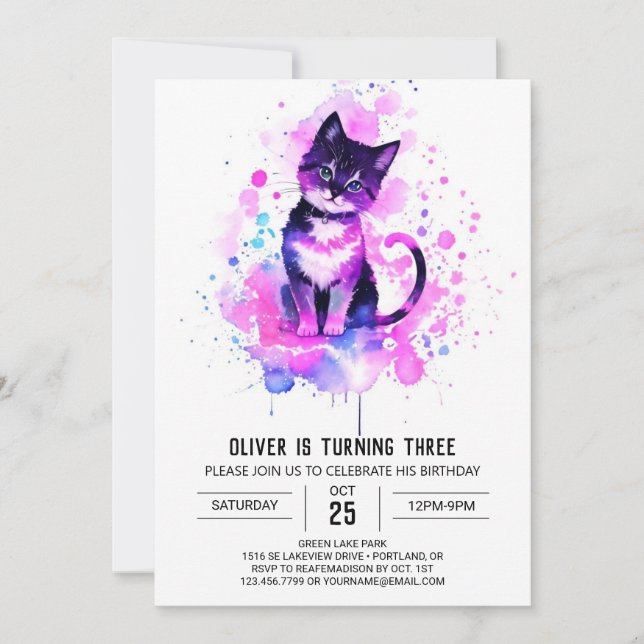 Chic Watercolor Kitty Birthday Invitation (Front)