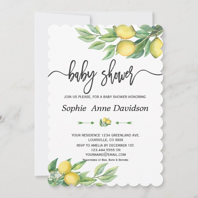 Chic Watercolor Lemon Tropical BABY SHOWER Invitation (Front)