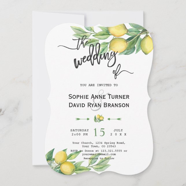 Chic Watercolor Lemon Tropical Handwriting Wedding Invitation (Front)