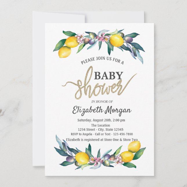Chic Watercolor Lemons Olives Baby Shower Invitation (Front)