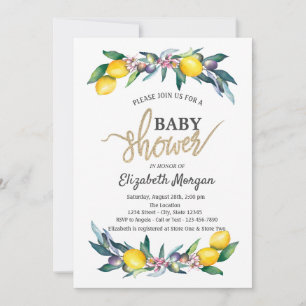 Chic Watercolor Lemons Olives Baby Shower Invitation