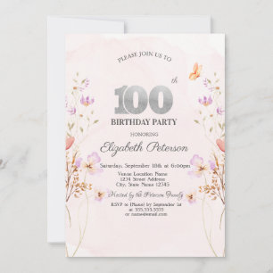 Chic Watercolor Lilac Wildflowers 100th Birthday Invitation