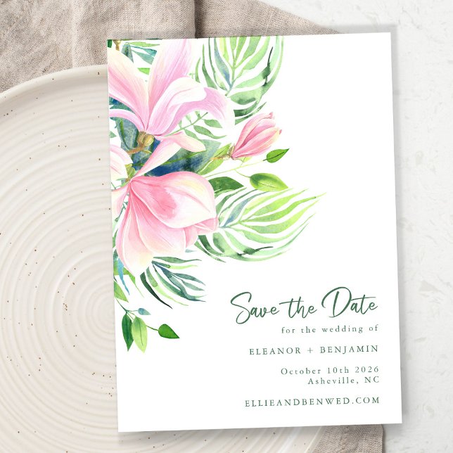 Chic Watercolor Magnolia Flowers in Pink  Save The Date (Creator Uploaded)