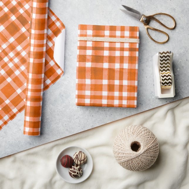 Chic Watercolor Orange Plaid pattern  Wrapping Paper (Crafts)