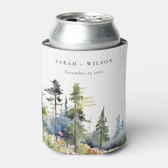 Chic Watercolor Pine Forest Landscape Wedding Can Cooler (Can Front)