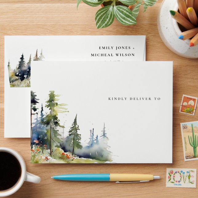 Chic watercolor Pine Forest Landscape Wedding Envelope (Desk)