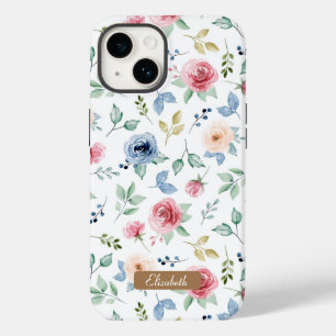 Chic Watercolor Pink Blush Blue Flowers Pattern Case-Mate iPhone 14 Case