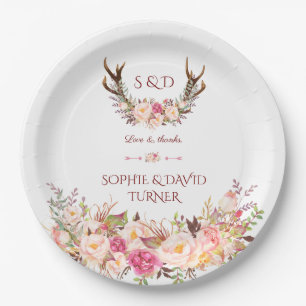 Chic Watercolor Pink Blush Floral Antlers Wedding Paper Plate