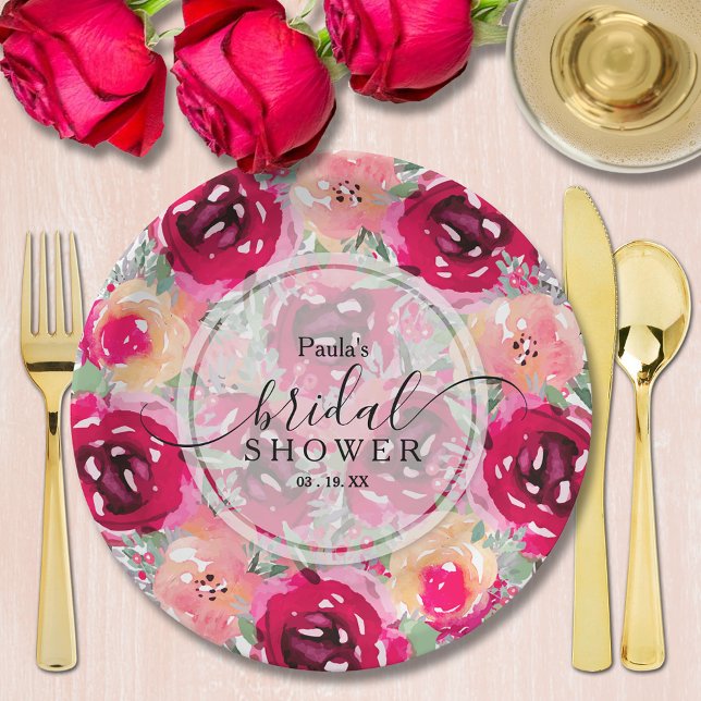Chic Watercolor Pink Floral Bridal Shower Paper Plate (Chic pink and cream watercolor floral bridal shower personalized paper plates)