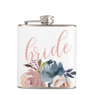 Chic Watercolor Pink Flower Bride Wedding Hip Flask