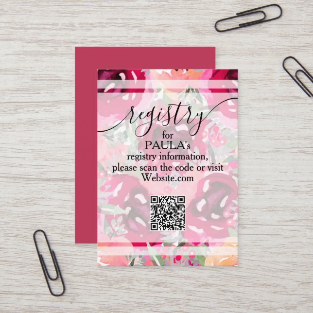 Chic Watercolor Pink Flowers QR Registry Card (Front/Back In Situ)
