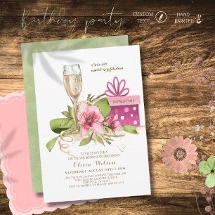 Chic Watercolor Pink Magnolia Champagne Birthday Invitation