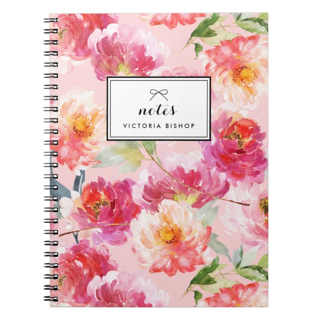 Chic Watercolor Pink Peonies Floral Pattern Notebook (Front)