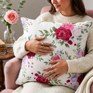 Chic Watercolor Pink Rose Burgundy Romatinc Floral Cushion