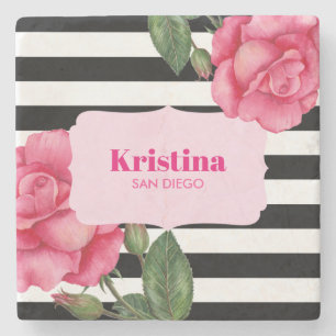 Chic Watercolor Pink Roses Black White Stripes Stone Coaster