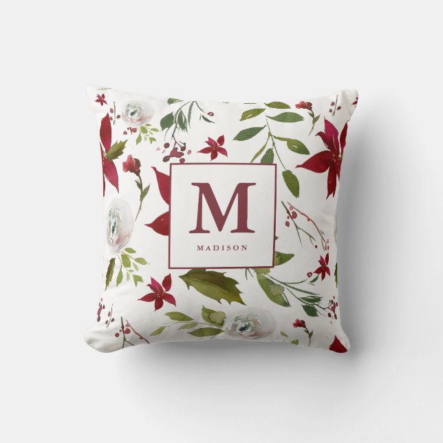 Chic Watercolor Poinsettia Floral Monogram Name Cushion (Front)