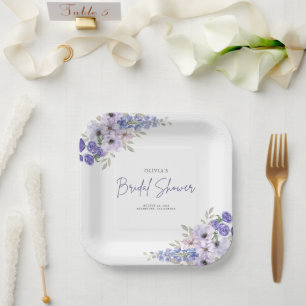 Chic Watercolor Purple Flower Script Bridal Shower Paper Plate