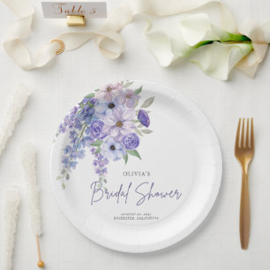 Chic Watercolor Purple Flower Script Bridal Shower Paper Plate