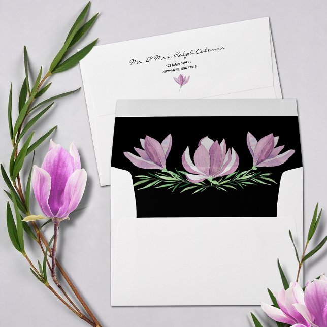 Chic Watercolor Purple Magnolias Envelope (Chic watercolor purple magnolias on white envelopes with FREE return address on the back flap)