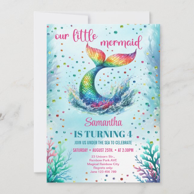Chic watercolor rainbow mermaid tail 4th birthday invitation (Front)
