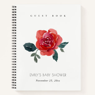 CHIC WATERCOLOR RED GREEN ROSE FLORAL BABY SHOWER NOTEBOOK