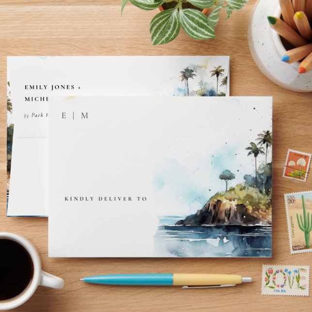 Chic Watercolor Seascape Palm Tree Island Wedding Envelope (Desk)