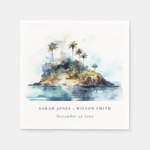 Chic Watercolor Seascape Palm Tree Island Wedding Napkin