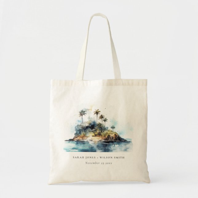 Chic Watercolor Seascape Palm Tree Island Wedding Tote Bag (Front)