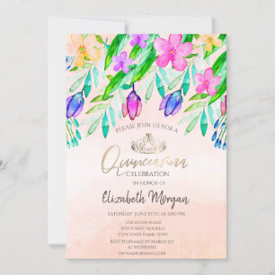 Chic Watercolor Spring Flowers Quinceañera Invitation