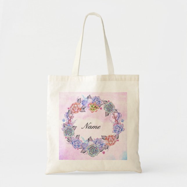 Chic Watercolor Succulents Wreath Tote Bag (Front)