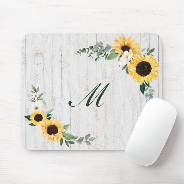 Chic Watercolor Sunflower Wreath Whitewood Initial Mouse Pad (With Mouse)