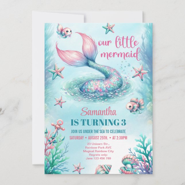 Chic watercolor turquoise mermaid tail birthday invitation (Front)