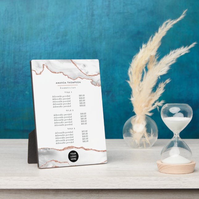 Chic Watercolor White and Rose Gold Agate Business Plaque (Side)