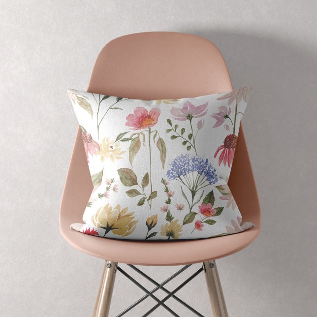 Chic Watercolor Wildflowers & Foliage Pattern Cushion (Creator Uploaded)