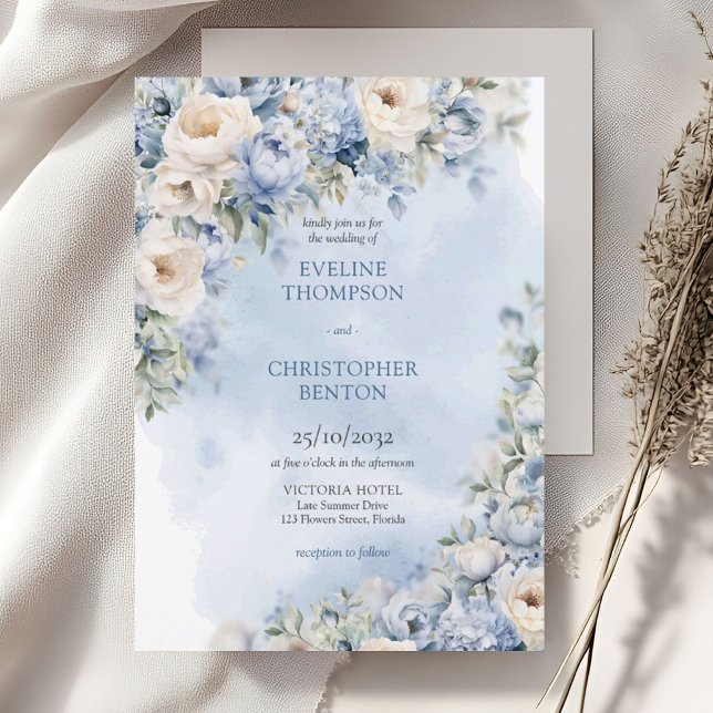 Chic watercolor winter flowers greenery wedding invitation (Elegant light Blue and white Flowers greenery eucalyptus wedding invitation digital)