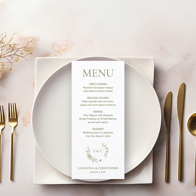 Chic Watercolor Wreath Monogram wedding crest Menu (Green watercolor leaves wreath wedding menu.)