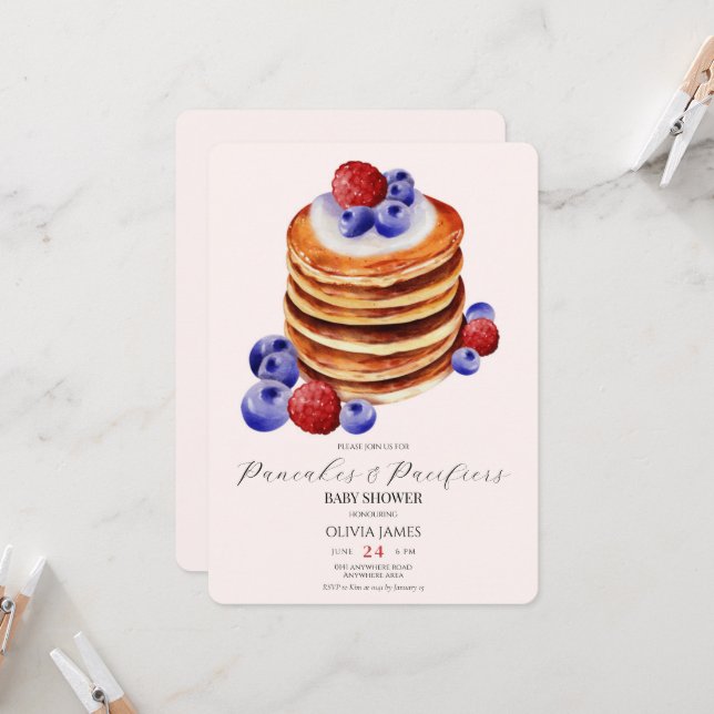 Chic watercolour pancakes brunch & baby shower  invitation (Front/Back In Situ)