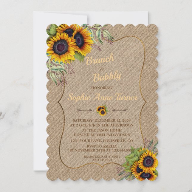 Chic Watercolour Sunflowers Burlap Brunch & Bubbly Invitation (Front)