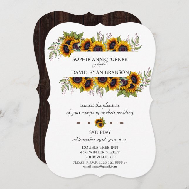Chic Watercolour Sunflowers Frame Wood Wedding Invitation (Front/Back)